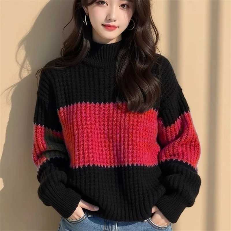 Cross Border Color Blocking Thick Thread Loose Sweater Womens New Winter Fashionable And Stylish Unique Knitted Lazy Base TopT251025