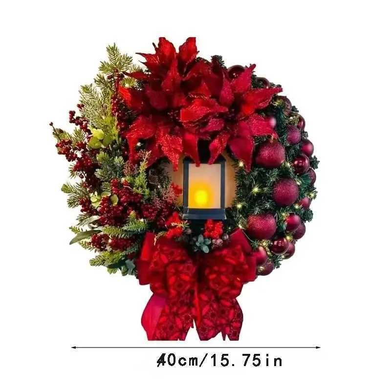 40cm Christmas Wreath With Lantern Front Door Garland With Large Bow Seasonal Ornament Christmas Decoration For Front Door Wall C251024