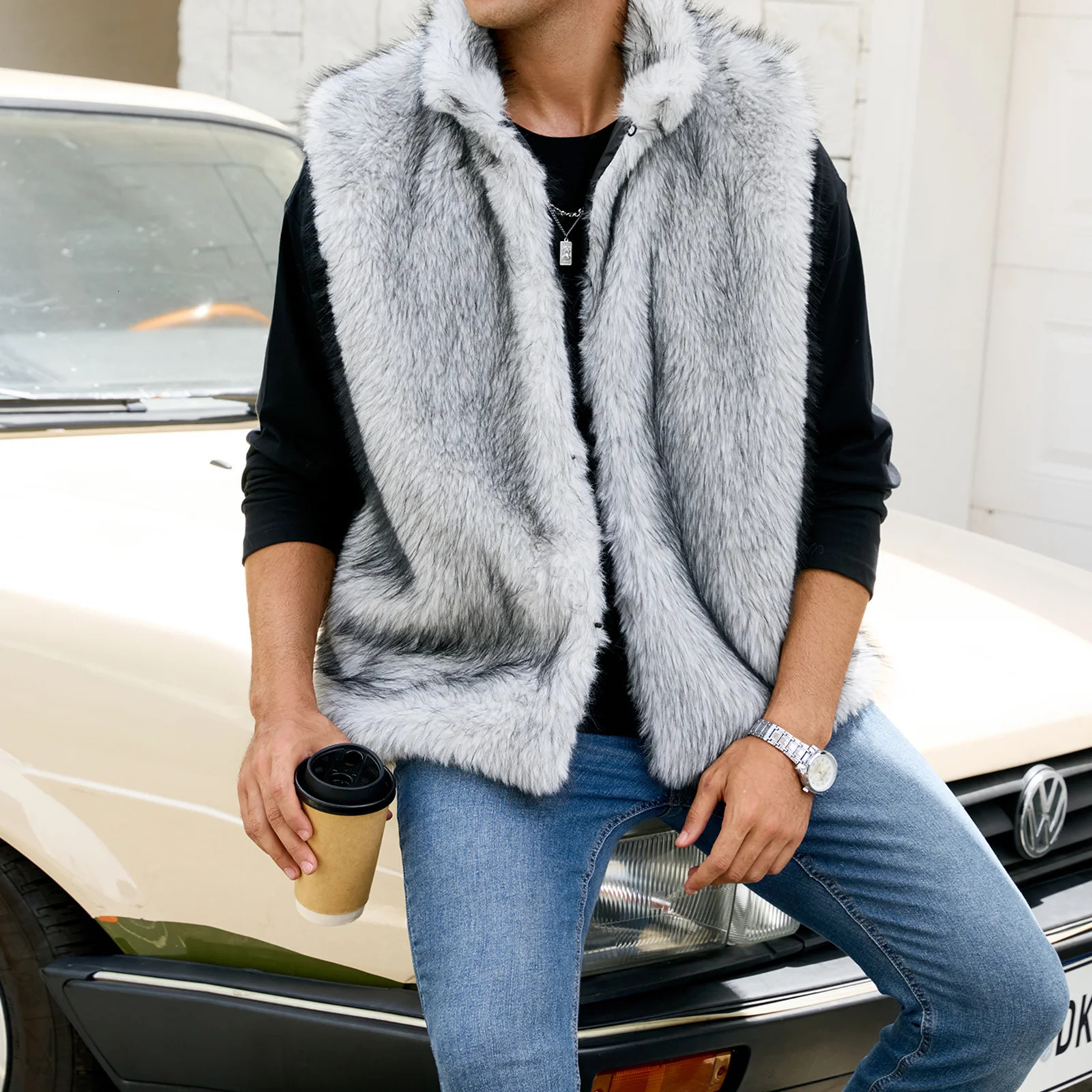 Men Faux Fur Sleeveless Coat Loose Contrast Stand Collar Warm Furry Fall Winter Vest Jacket 251020