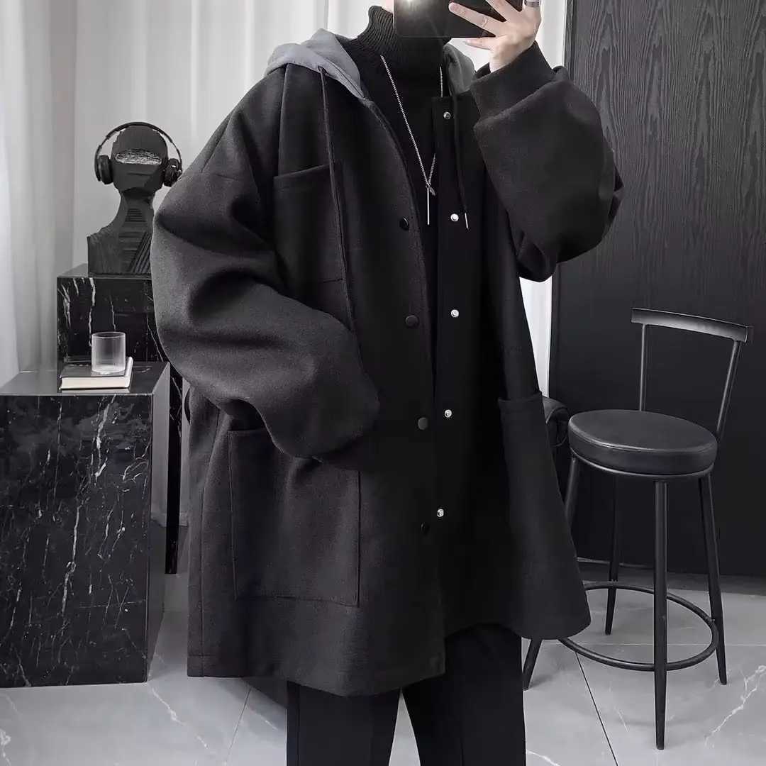 Blends for Men England Style Winter Thicker Hooded Outwear Handsome Big Pockets Black Long Coat Stylish Hombre Fashion DailyT251025