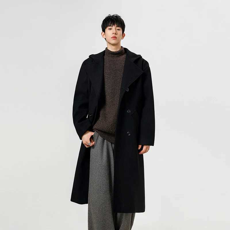 Trench men 2025 new autumn winter men imitation wool fabric hooded wool overcoat suit collar double breasted mid long lengthT251025