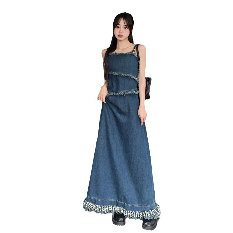 Summer 2025 new plus size women's unique dress designer retro tassel bead denim belt dress