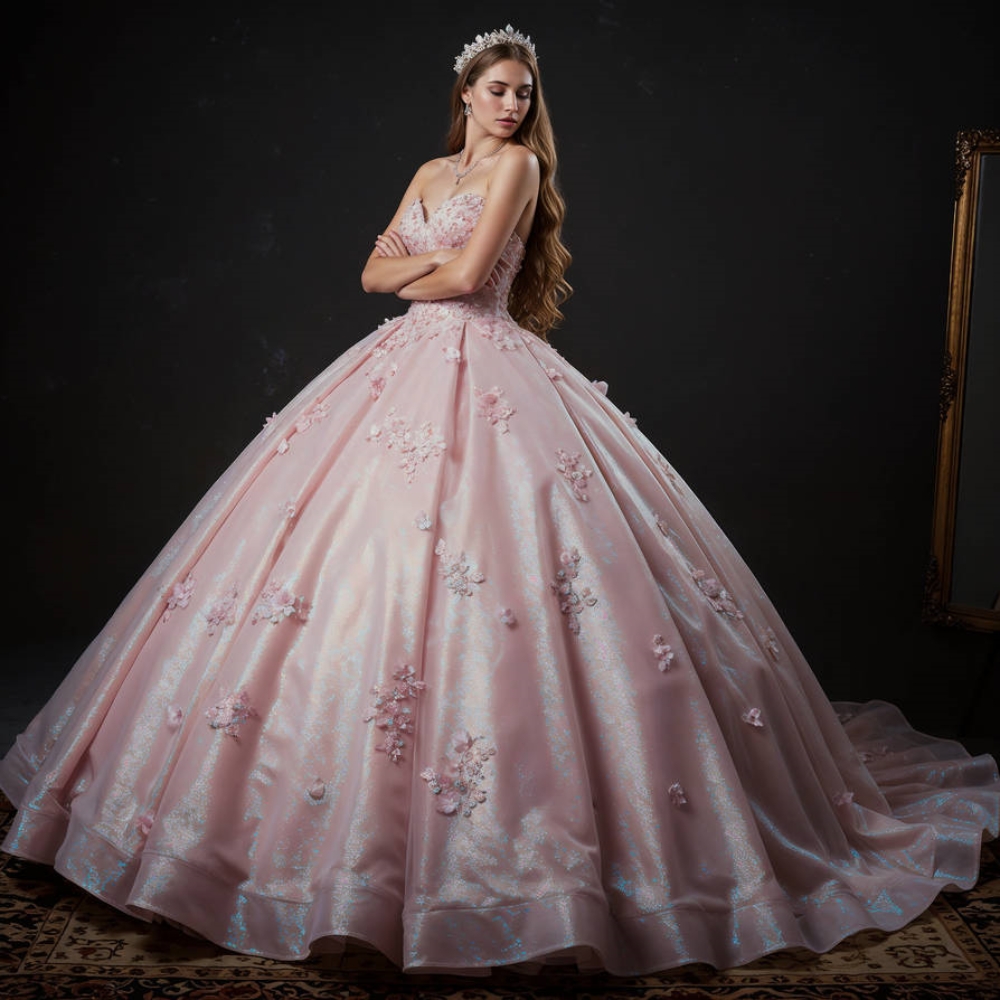 2026 Shiny Pink Ball Gown Quinceanera Dresses 3D Floral Appliques Sweetheart Long Princess Sweet 16 Dress Birthday Party Boutique Dress For Junior Gir