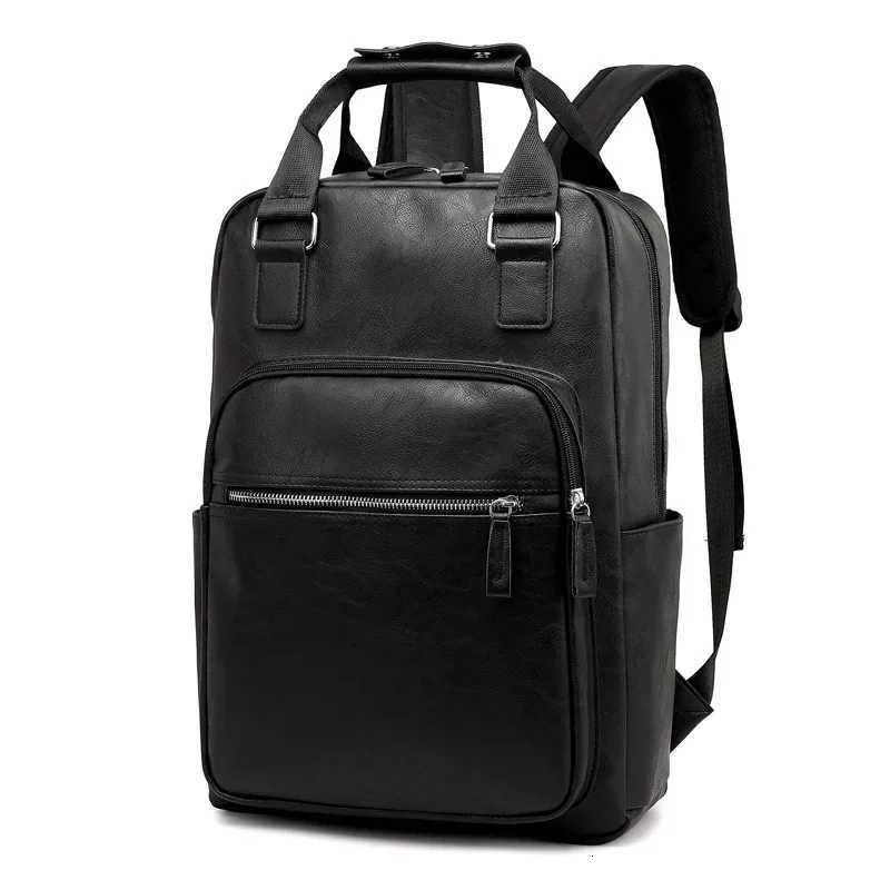 black work backpack PU leather bag man shoulder bags Waterproof male backpack 156 inch laptop computer bag boys school backpack W251025
