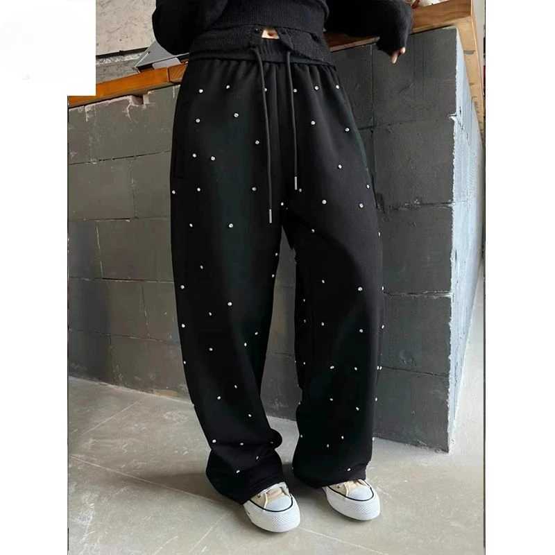 Korean Version of Loose Wideleg Fleece Sweatpants 2024 Womens Winter New Hot Diamond Design Versatile Casual PantsT251025