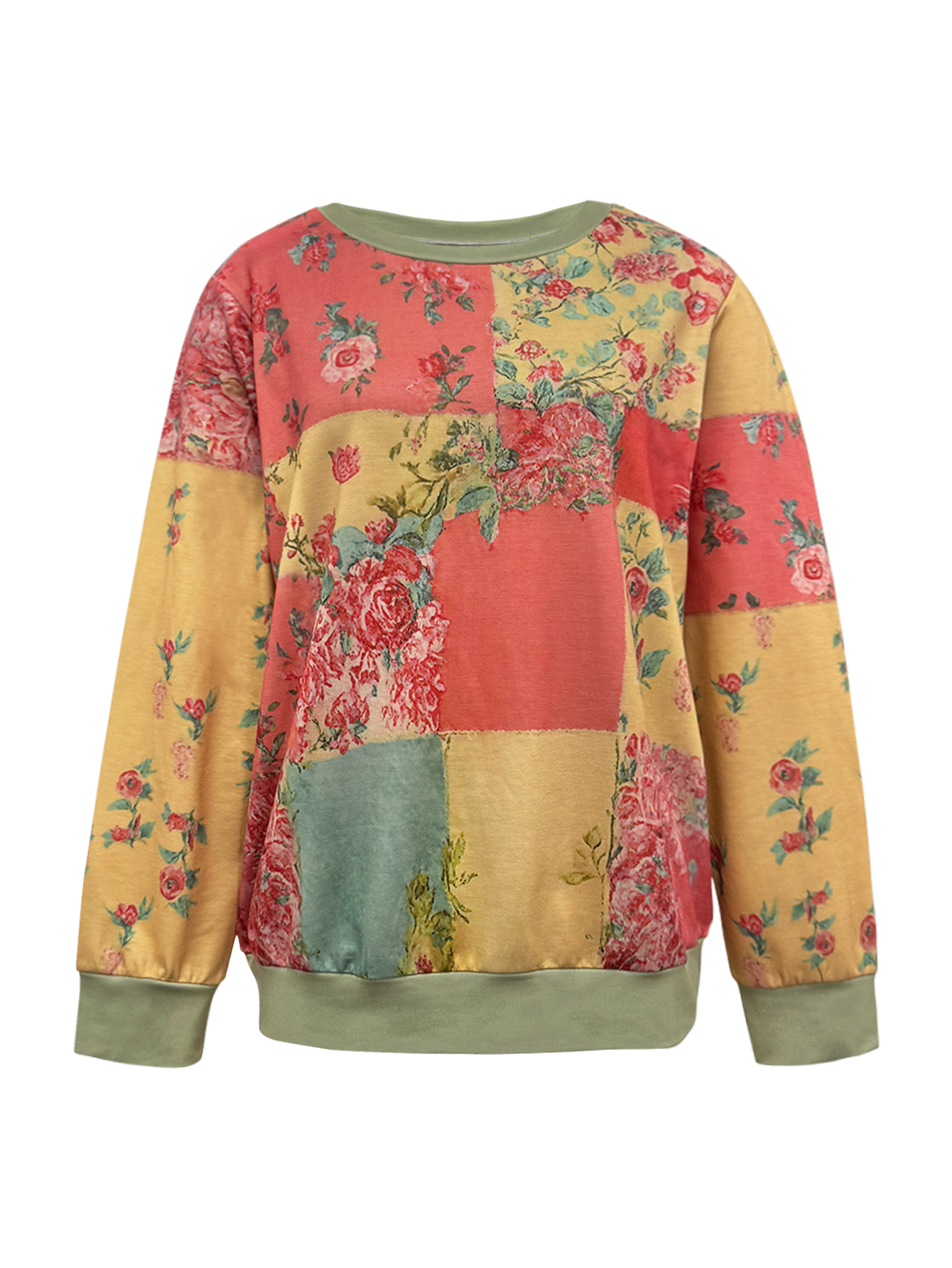 Autumn Winter New Fashion Ethnic Retro Thin Long Sleeve Floral Printed Crew Neck Top, Milk Silk Casual Versatile Women's Top, S-XXL Mixed Color--