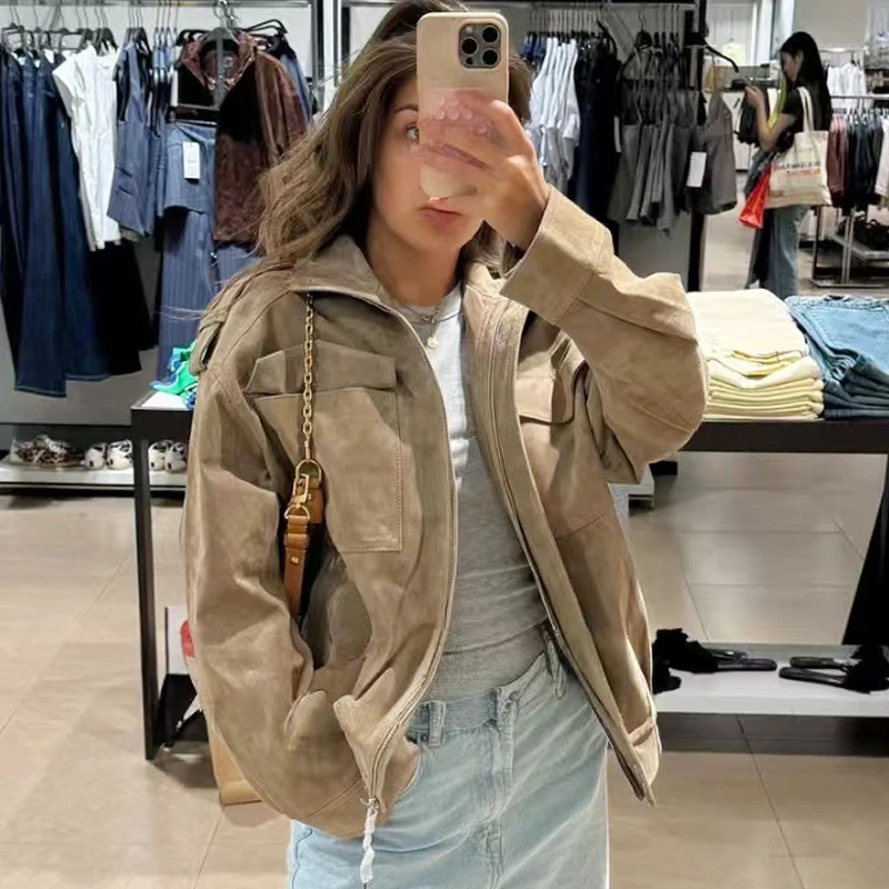 HXAO Leather Jacket Women Autumn Oversized Bomber Jacket In Coats Jackets Stand Collar Long Sleeve Tops Fashion Outerwears 251020