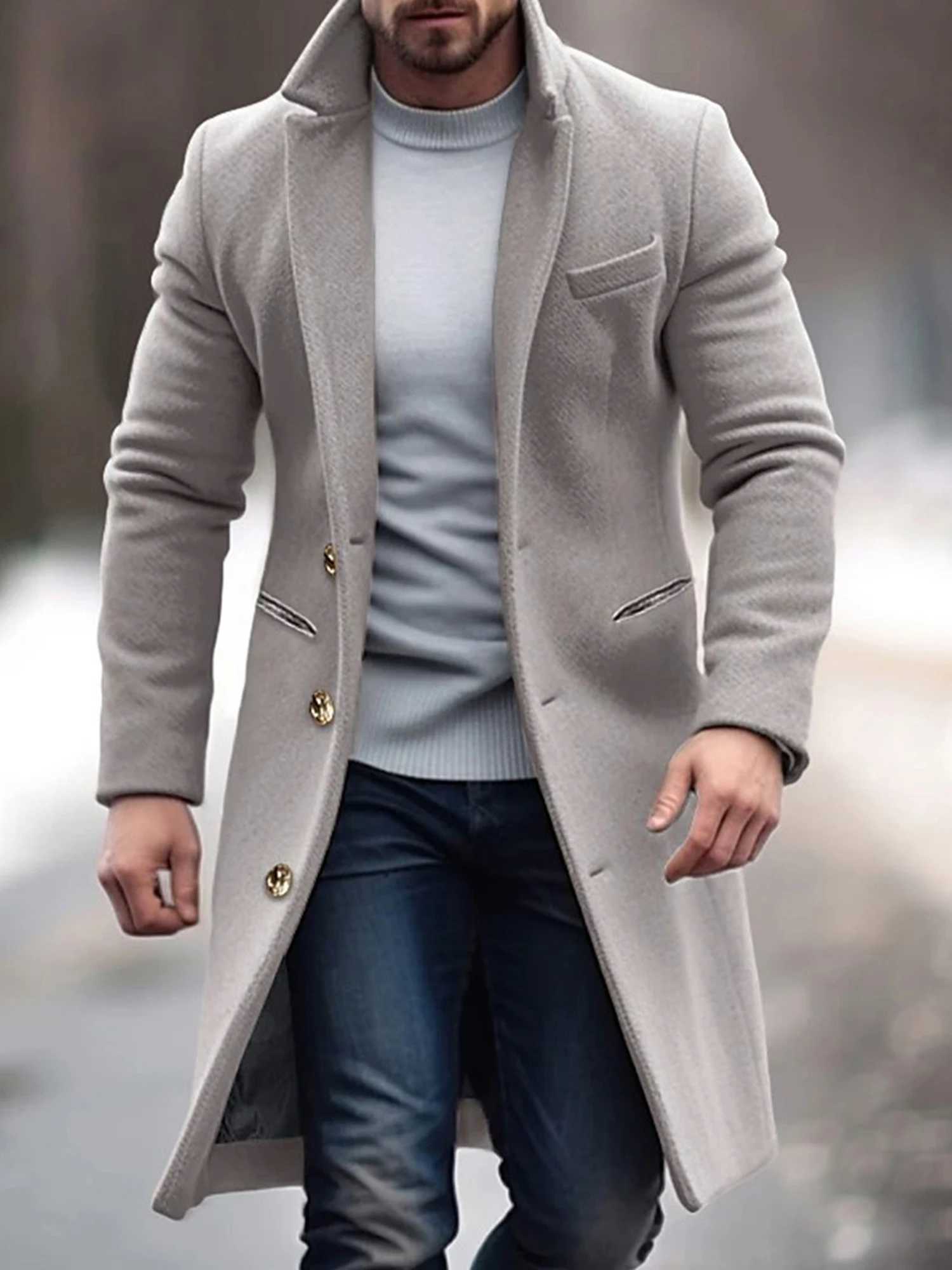 Men s Classic Wool Blend Pea Coat with Notched Lapel and Button Closure for Stylish Winter Outerwear and Streetwear FashionT251025