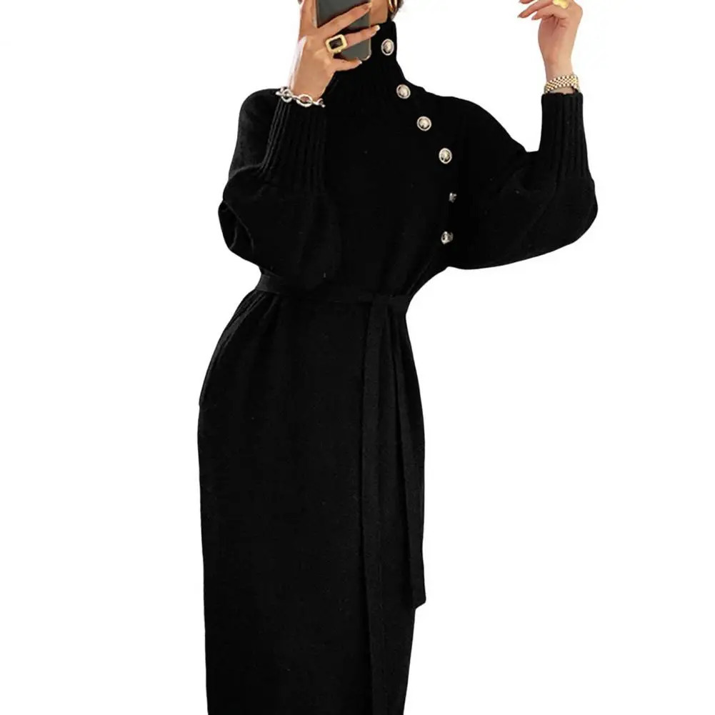 Vintage Turtleneck Buttons Long Sleeve Long Dresses Winter Fashion Casual Loose Knitwear Warm Women Knitted Dress Black Apricot 251023