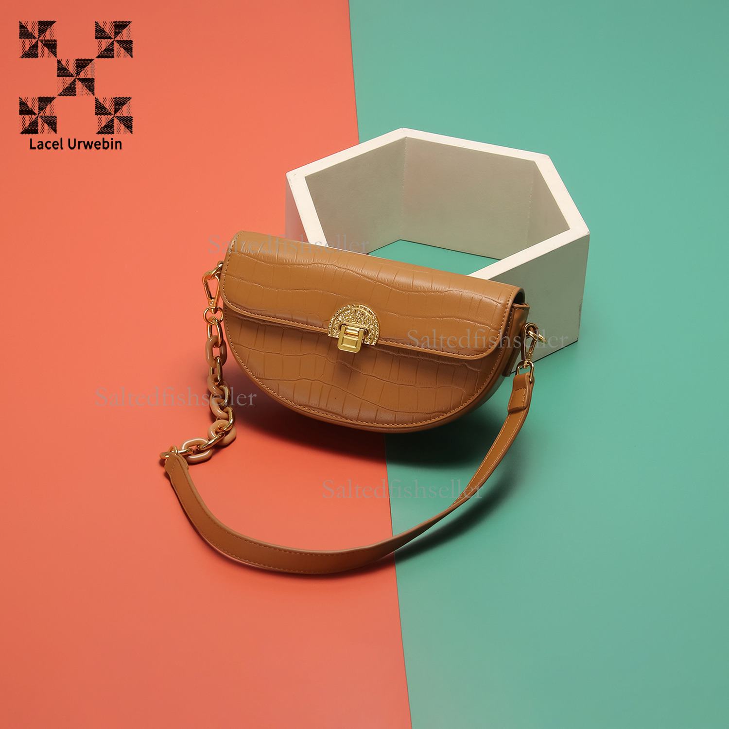 Lacel Urwebin Designer Fashion Popular Shoulder Bag Luxury Crocodile Pattern Half Moon Underarm Bag New High-end Trendy Chain Niche White Crossbody Ba