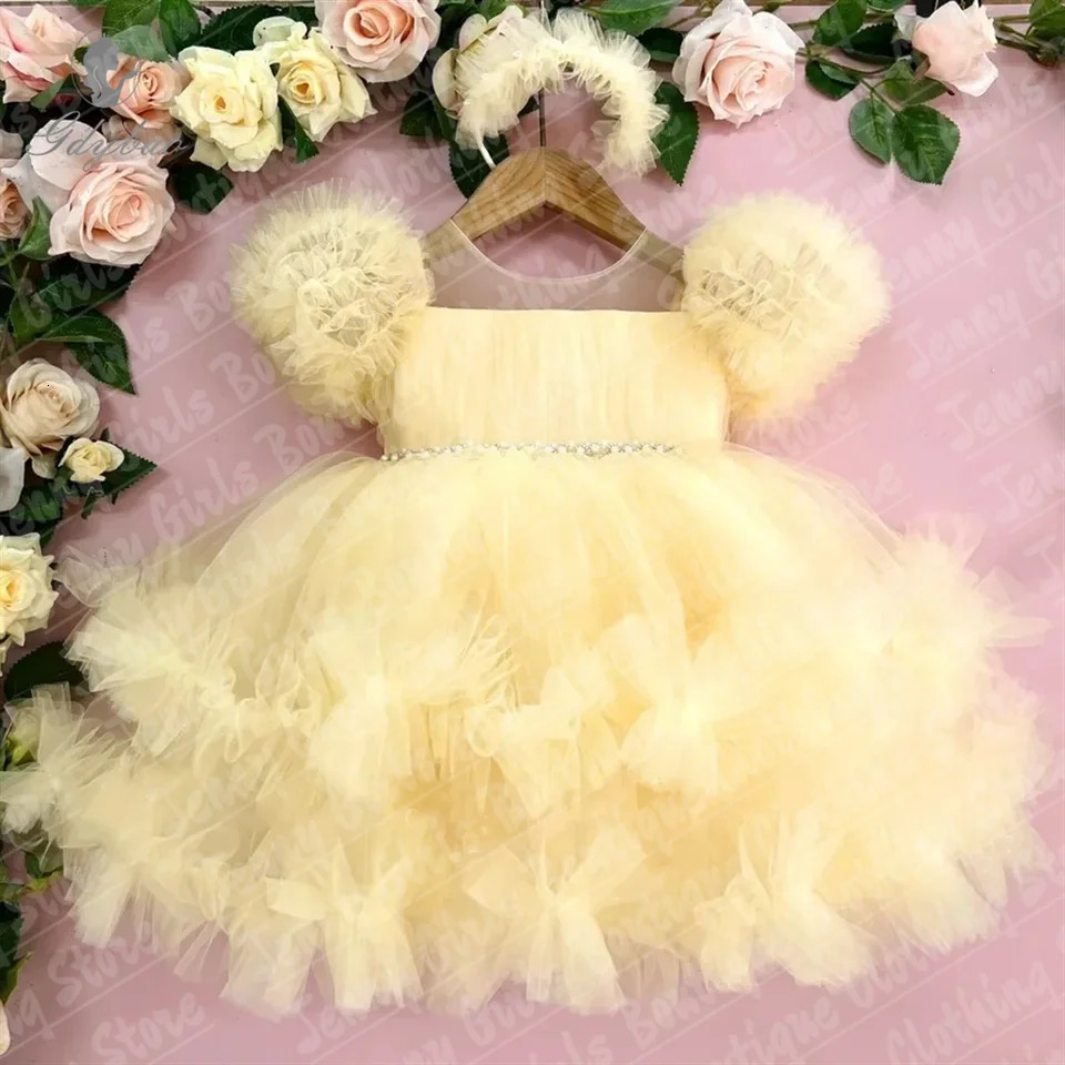 Beautiful Girl Glitter Pearls Light Yellow Weddings Dresses Tulle Bow Flower Girl Dresses Puffy Short Prom Pography 251023