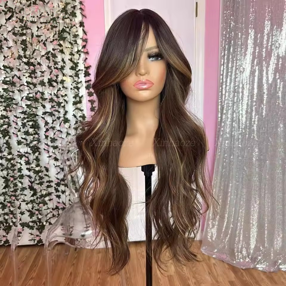 Highlight Honey Blonde Balayage Wig Body Wave Human Hair Lace Front Wig with bang fringe Frontal ombre chestnut brown Colored Human Hair hd lace Wig