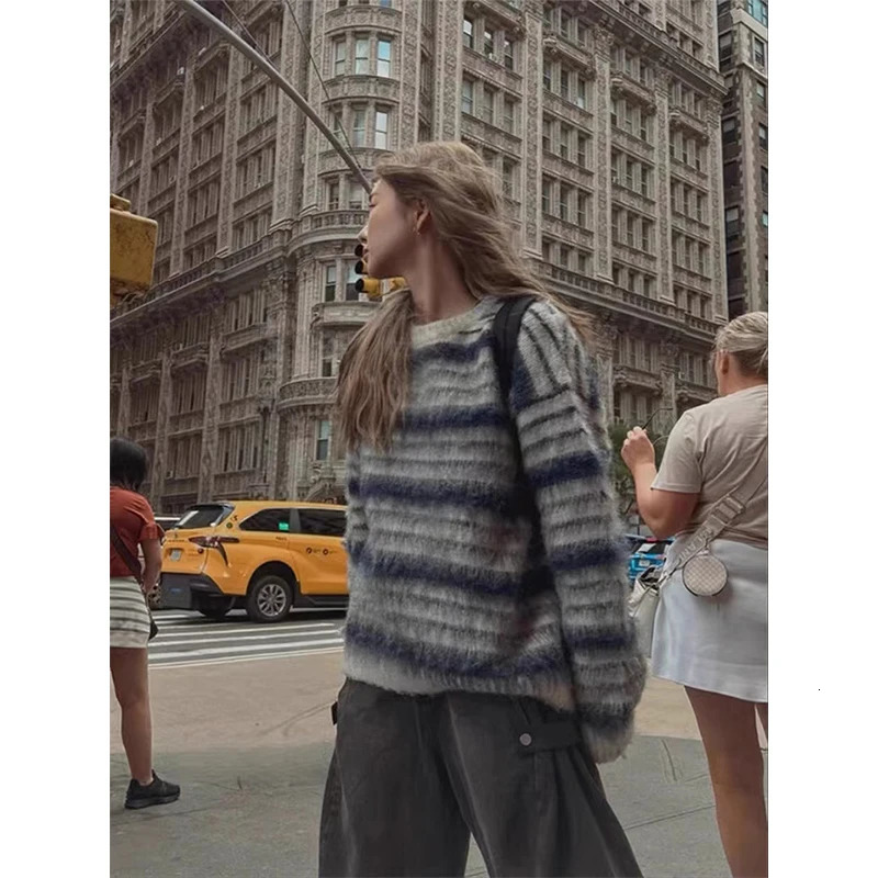 Harajuku Striped Sweater Women Vintage Long Sleeve Knitted Pullovers Winter Korean Patchwork Knitwears O Neck Casual Jumpers 251023