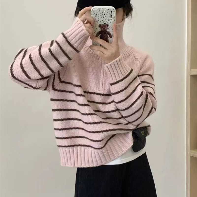 Fashion Loose Knitted Pullover Striped Women Sweater AutumnWinter New Korean Long Sleeve Casual Short Tops Half Zipper KnitwearT251025