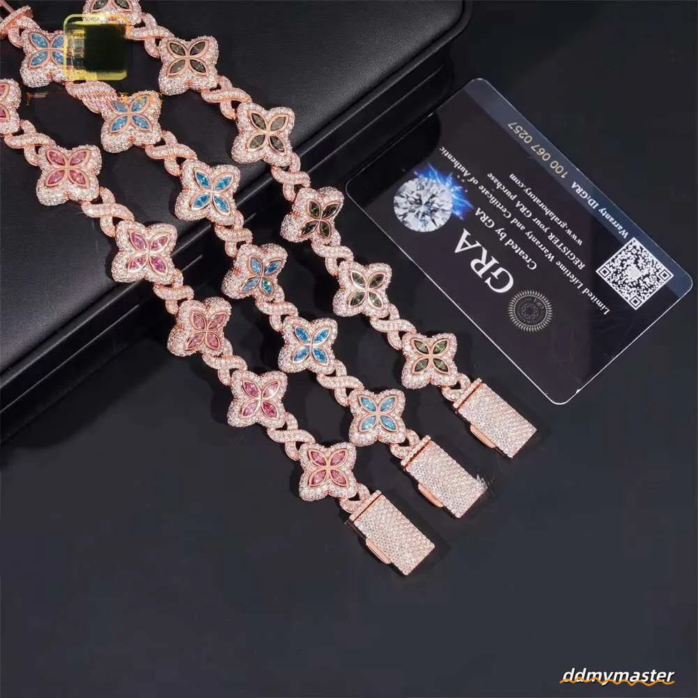 Rich Color Flower Design 18Mm Custom Iced Out Hip Hop Unisex Jewelry Cuban Link Chain Sier VVS Moissanite Bracelet Ddmymaster