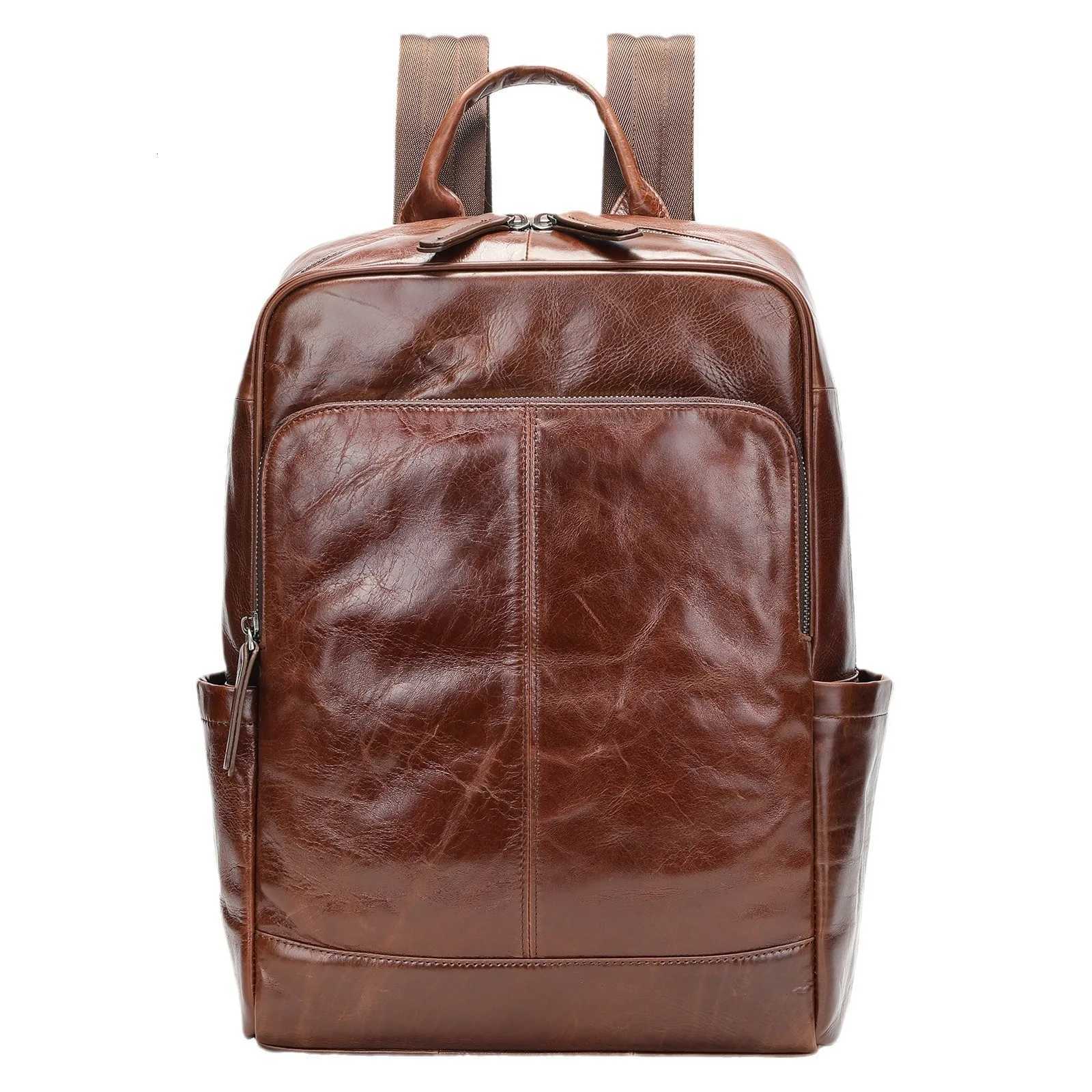 Genuine Mens Top Layer Cowhide Travel Oil Wax Leather Business Laptop School Bags For Teenagers Mens Backpack Mochilas W251025