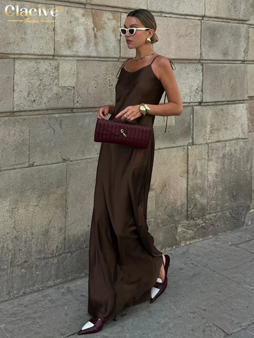 Clacive Fashion Loose Brown Satin Womens Dresses 2025 Summer Strap Sleeveless Floor Length Dress Sexy Backless Female Dress 251023