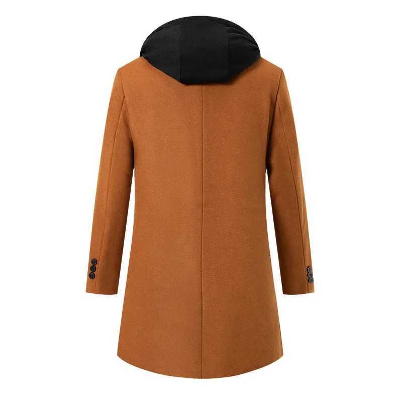 Mens Thickened Hooded Fake TwoPiece MidLong Wool Coat Solid Color Slim Fit Windbreaker Outerwear for Autumn and Winter S3XLT251025