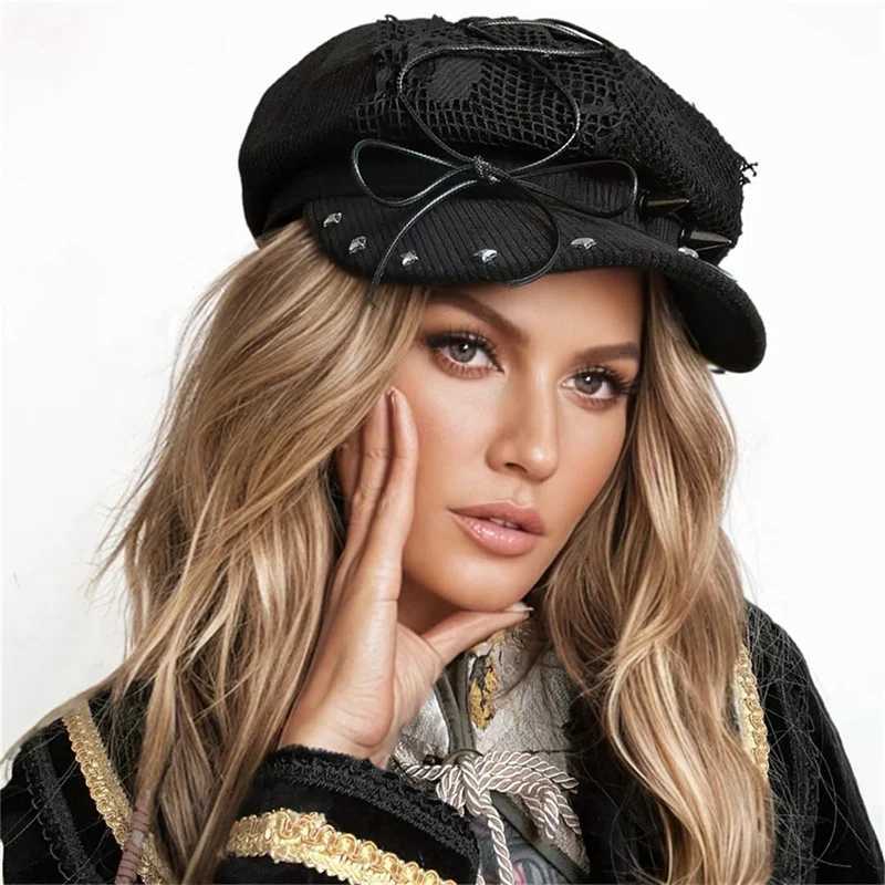 Wens Tren Harajuku Black Gothic Punk Beret Y2K Girl Rivets Bow Skl Lace Soft Flat Top Hat Outdoor Streetwear Sunhats Y251025