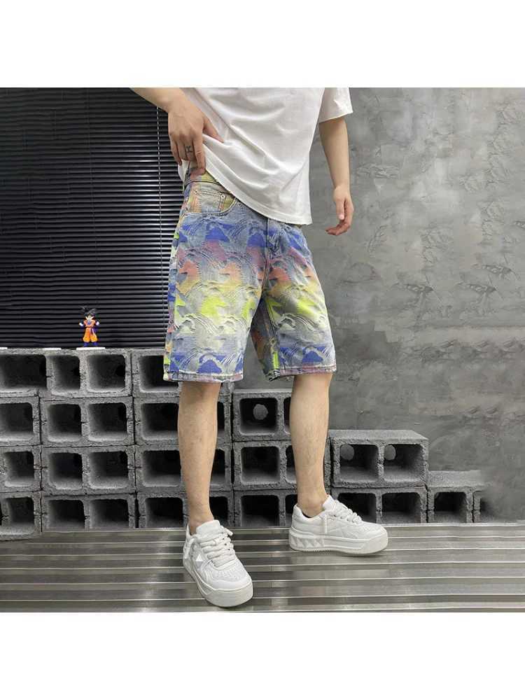 2025 Summer New Colorful Jacquard Cowboy Shorts for Men Loose Straight Fashionable High end Trendy and Five piece PantsXJ251025