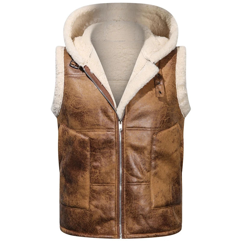 Winter Mens Fleece Warm PU Leather Vests Classical Men Faux Fur Motorcycle Leather Vests Men Windbreaker Hooded Vests Clothing 251020