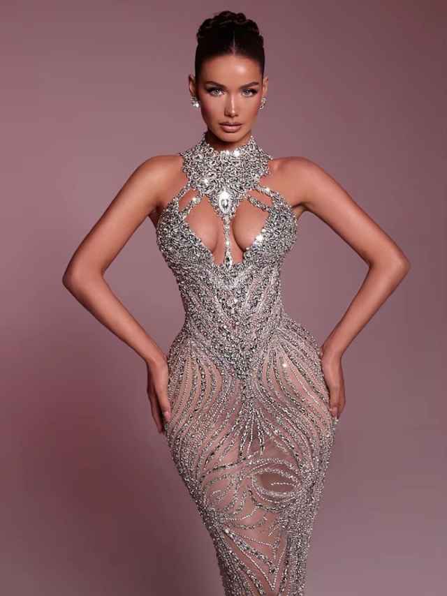 Sexy See Through Mesh Long Prom Dress Shiny Sequins Pearl Bodice Patchwork Sheer Mesh Beaded Celebrity Evening Party Gowns