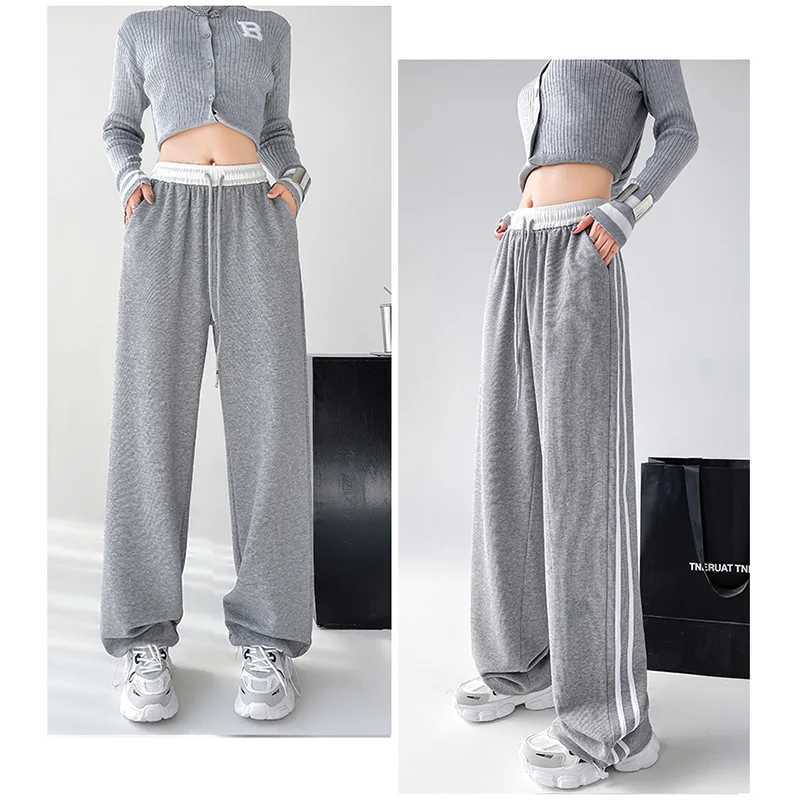 Spring Women Classic Stripe Sweatpants Lady High Waisted Designer Sports Trousers Female Daily Elastic Lace Up Wide Leg PantsT251025