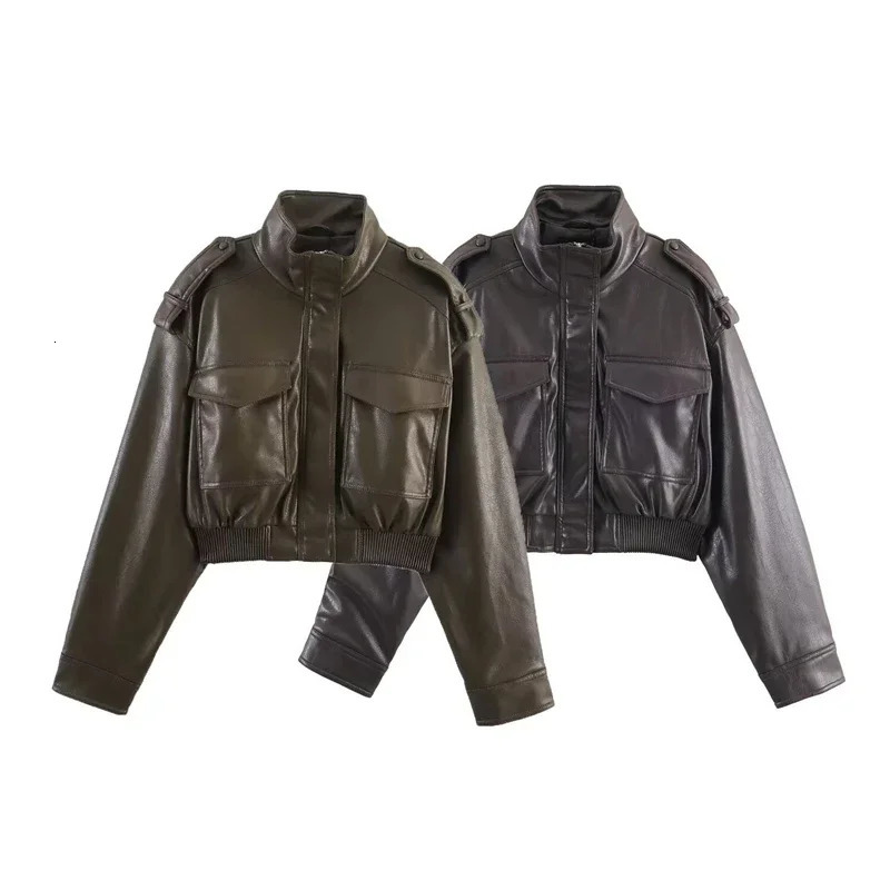 Womens Retro PU Street Style Motorcycle Jacket Zipper Pocket Tops Outerwear Faux Leather Jacket Coat Ladies Streetwear 251020