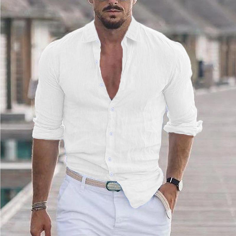 2025 New Men's Summer Cotton Linen Lapel Beach Shirt Long Sleeve Solid Color Hawaiian Holiday Clothing