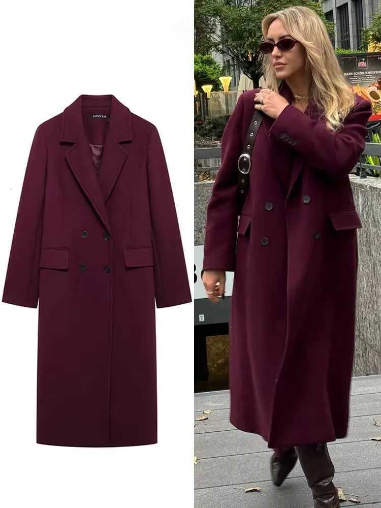HH Women Fashion Burgundy Woolen Coat Double Breasted Long Sleeve Lapel Blends Jacket Autumn Winter High Street OuterwearT251025
