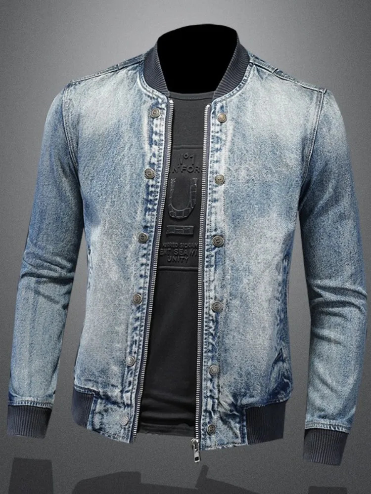 Mens Denim Bomber Jacket Slim Fit Vintage Moto Biker Short Cargo Coat Male Long Sleeve High Street Stand Collar Pilot Jackets 251017