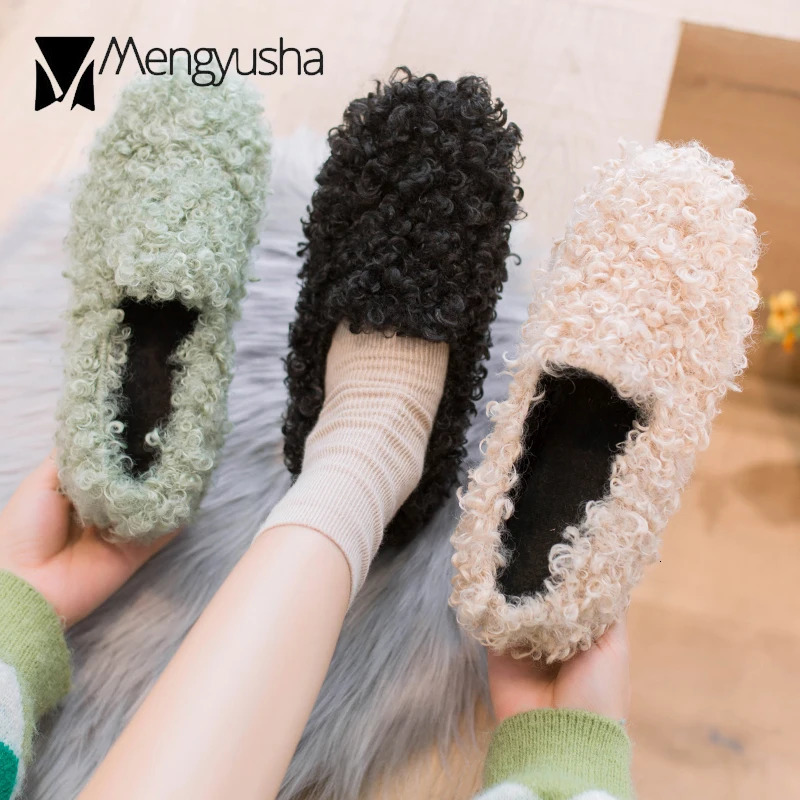 Woman woolen fur flats warm plush shoes women candy color fur loafers ballerina furry moccasins cozy lambswool flats 251023