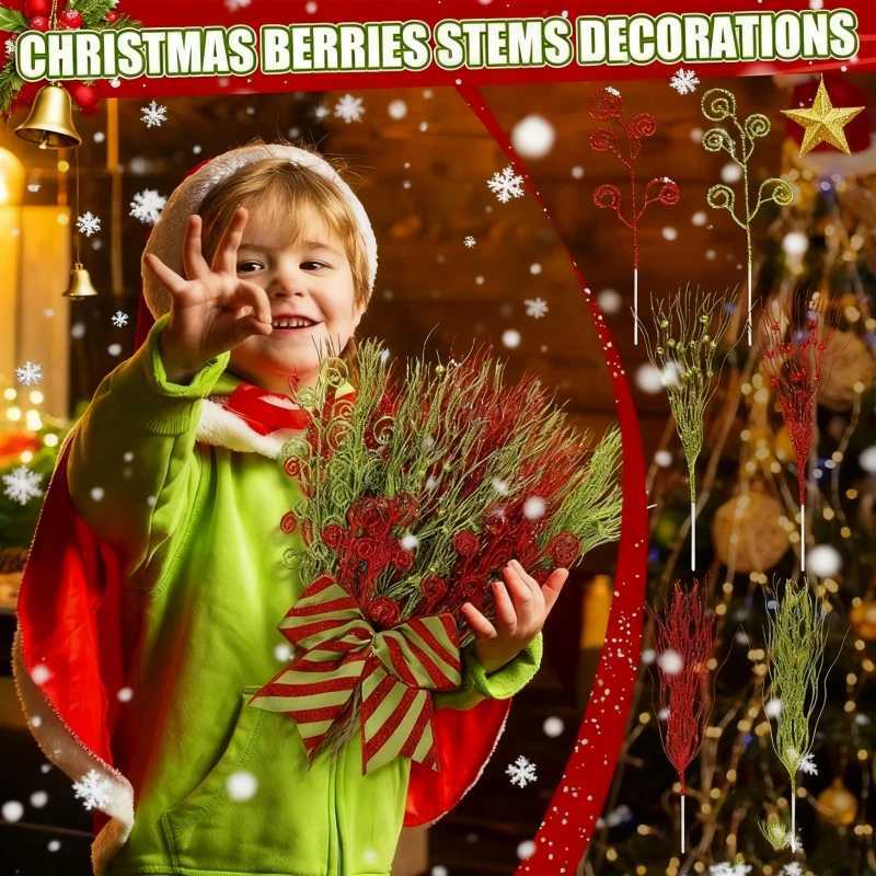 Artificial Berrys Stem Christmas Decoration Glitter Xmas Tree Hanging Home Flower Bouquets Decor DIY Wreath Gift Accessories C251024