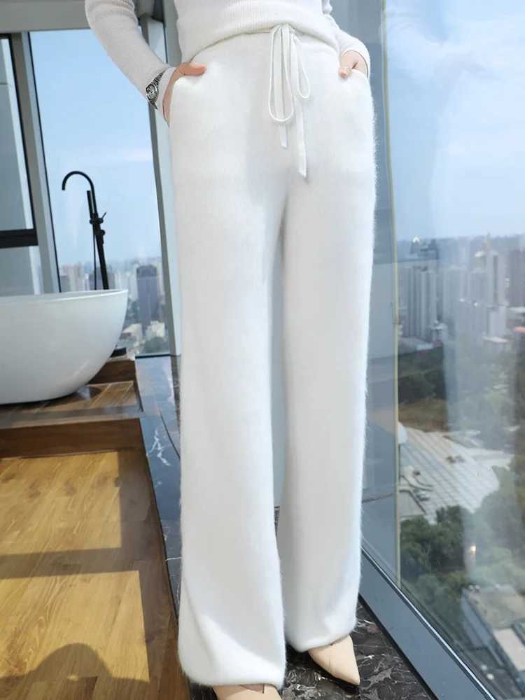 Womens Cashmere Trousers Elastic Waist Wide Leg Pants Autumn Winter 100 Mink Cashmere Knitwear Pockets Casual Drawstring PantsT251025