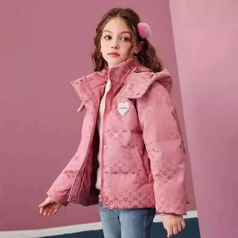 Winter Warm Girls Pink All-Over Print Crop Hooded Zip Puffer Jackets School Kids Thick Coats Children Outfit Windbreaker 5-16 Yr