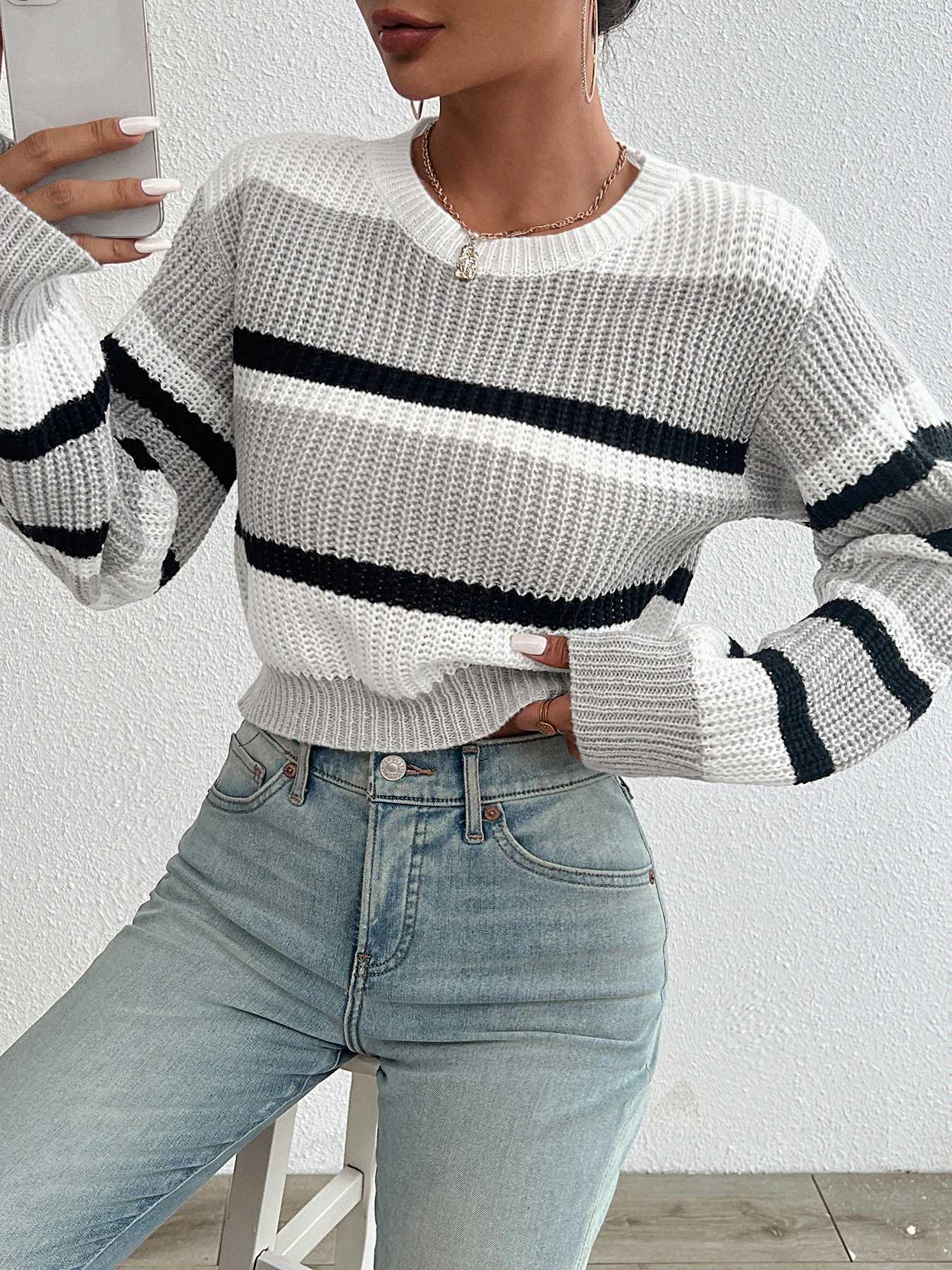 2024 autumn and winter hot sale new acrylic loose drop shoulder round neck color matching knitted long sleeve ladies sweaterT251025