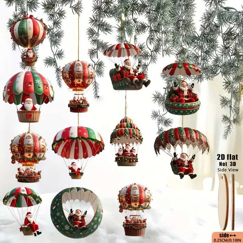 12pcs Christmas Tree 2D Wooden Hanging Decoration Set with Mobile Santa Claus and Hot Air BalloonXmas Perfect Holiday Gift Deco C251024