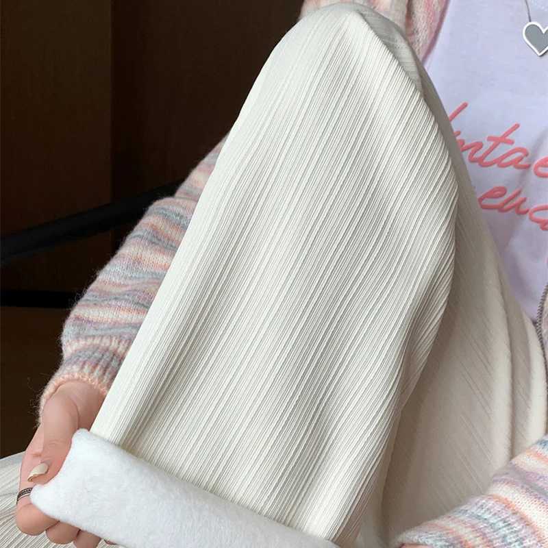 2025 Winter Fleece Lined Warm Pants Women Solid Color Wide Leg Pants Woman Comfortable Elastic High Waist Trousers FemaleT251025