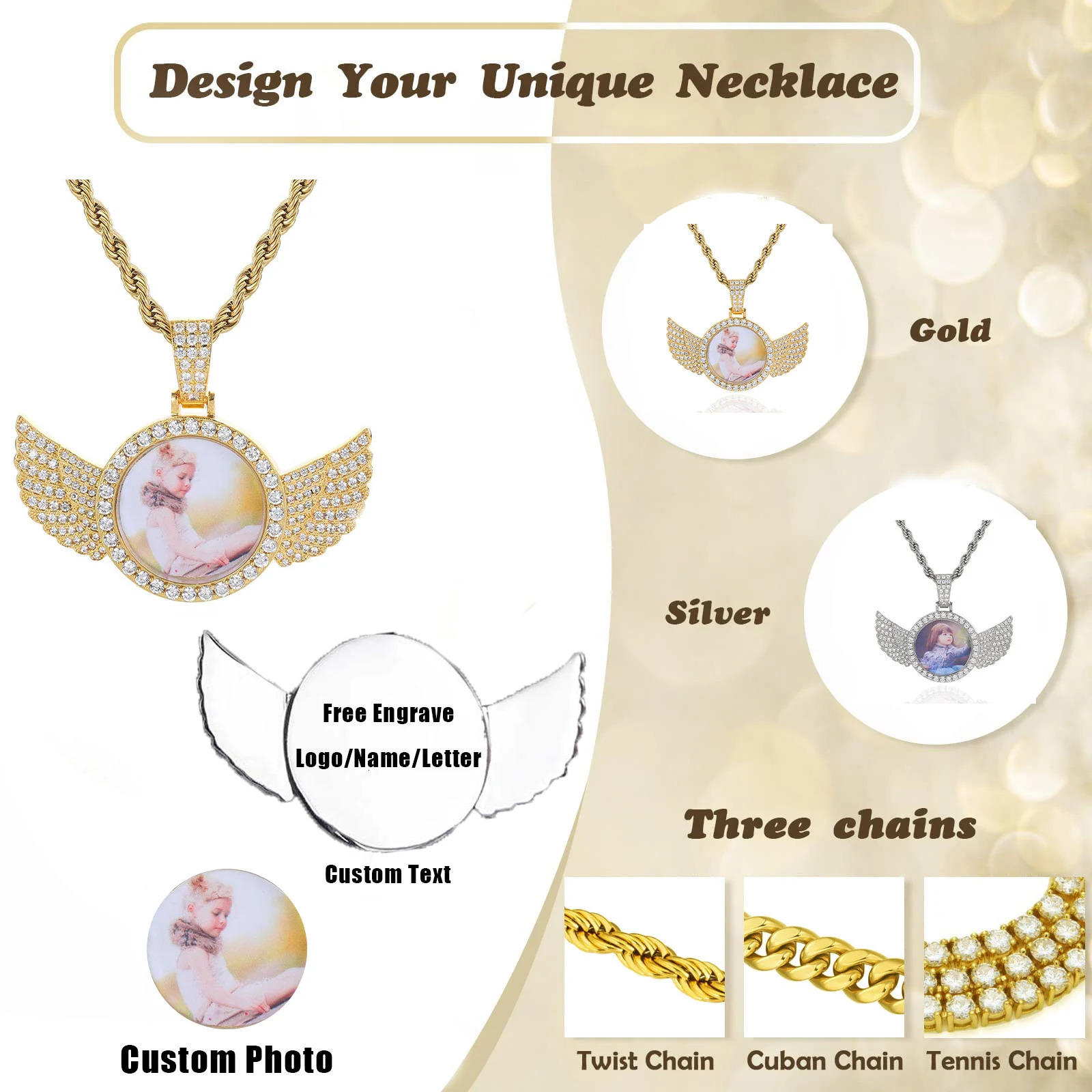 Custom Po Pendant Personalized Iced Out Angel Wings Circle Memory Picture Chain Pendant Medallion Necklace Birthday Gift 251023