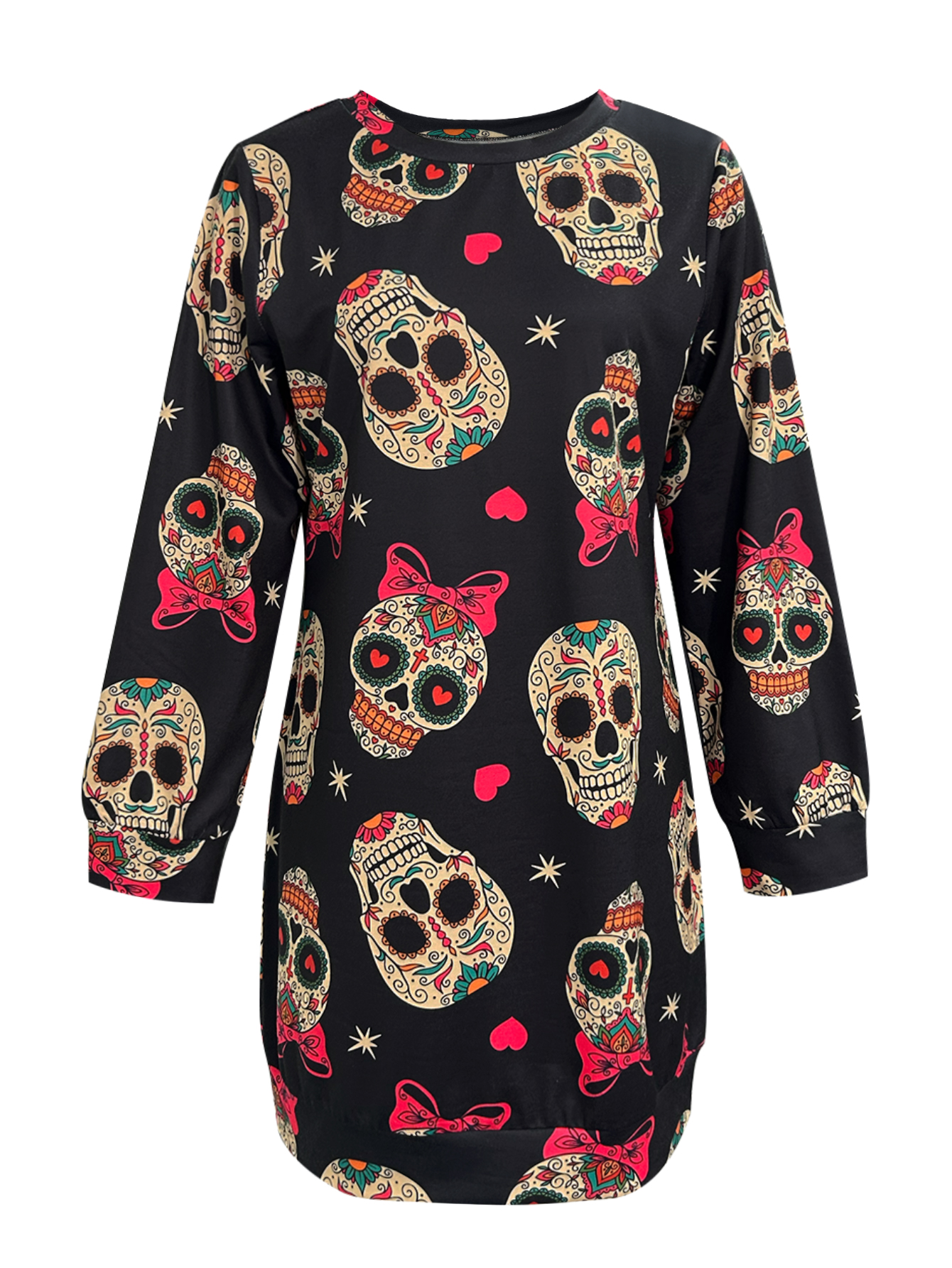Autumn Winter New Women's Skull Printed Casual Commute Style Elegant Dress, Milk Silk Black Dress, S-XXL---CF41119
