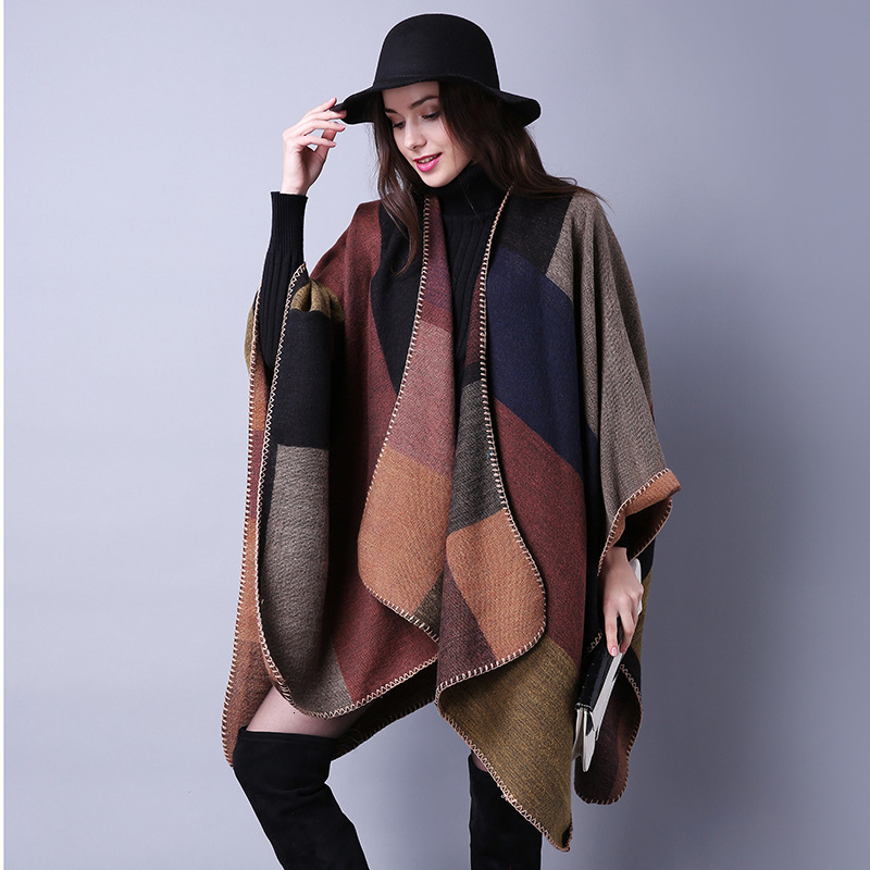 Autumn Winter Scarf Versatile Plaid Womens Travel Shawl Imitation Cashmere Ethnic Style Split Thickened Cape