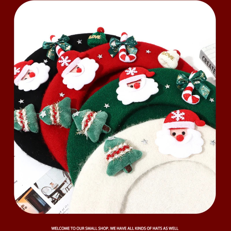Christmas Beret Hat Women Funny Warm Berets Fashion Korean painter hat Black White Green Red Christmas Hats 251023