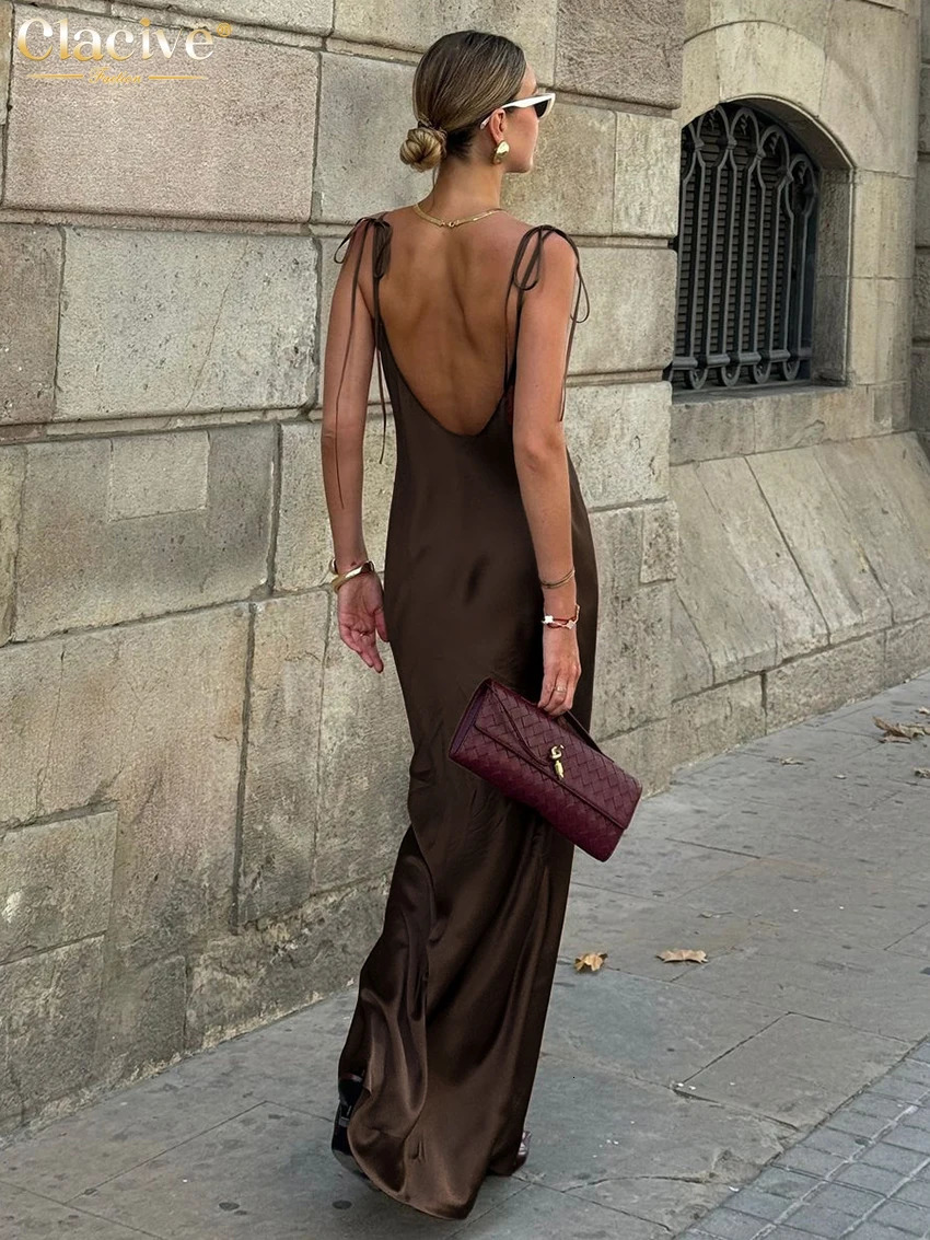 Clacive Fashion Loose Brown Satin Womens Dresses 2025 Summer Strap Sleeveless Floor Length Dress Sexy Backless Female Dress 251023