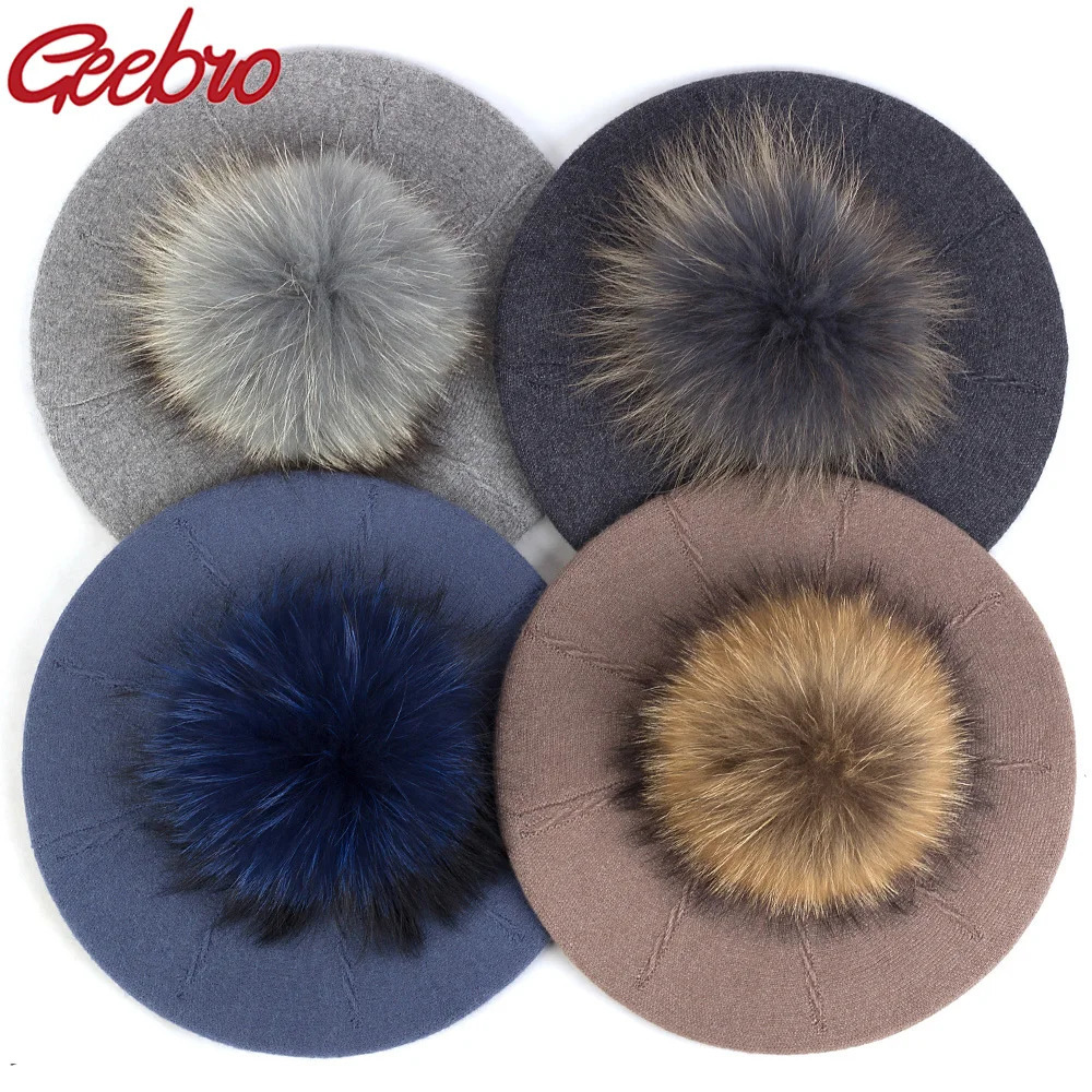 Geebro Female Winter Berets with 15 cm Real Ball Pom Hat For Women Girls Knitted Cap Thick WomenS Slouchy Skullies Beanies 251023