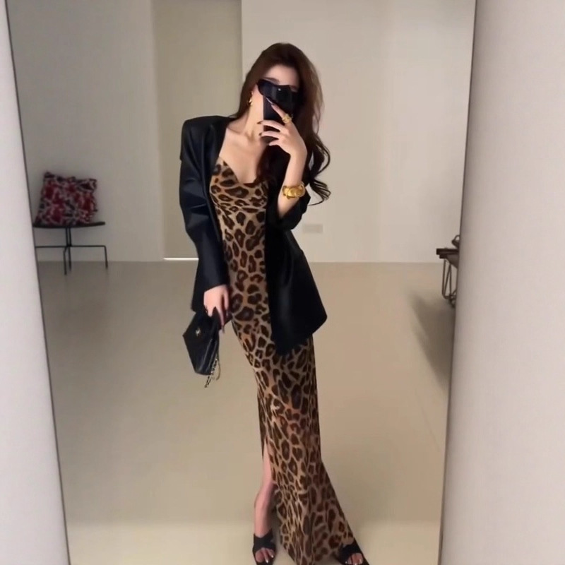 Autumn 2025 Elegant sisters Suit Design Black Casual Jacket High end Leopard Tank Top Dress Women's Fashion