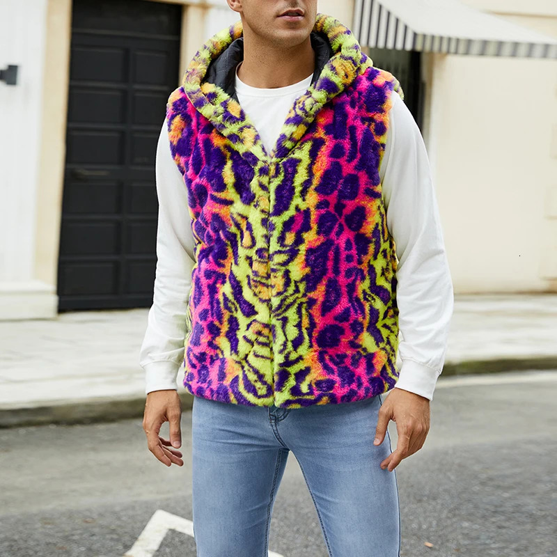 Men Vest Jacket Casual Spring Leopard Print Faux Fur Hoodie Cardigan for Fall Outwear Streetwear 251020
