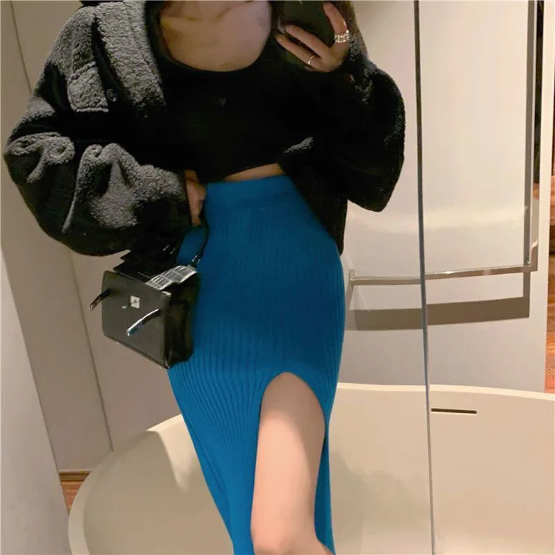 Sexy Split Bodycon Long Skirt Women Elegant Slim Fit HighWaisted Knitted Skirts Woman Autumn Winter Package Hip Midi Skirt 251020