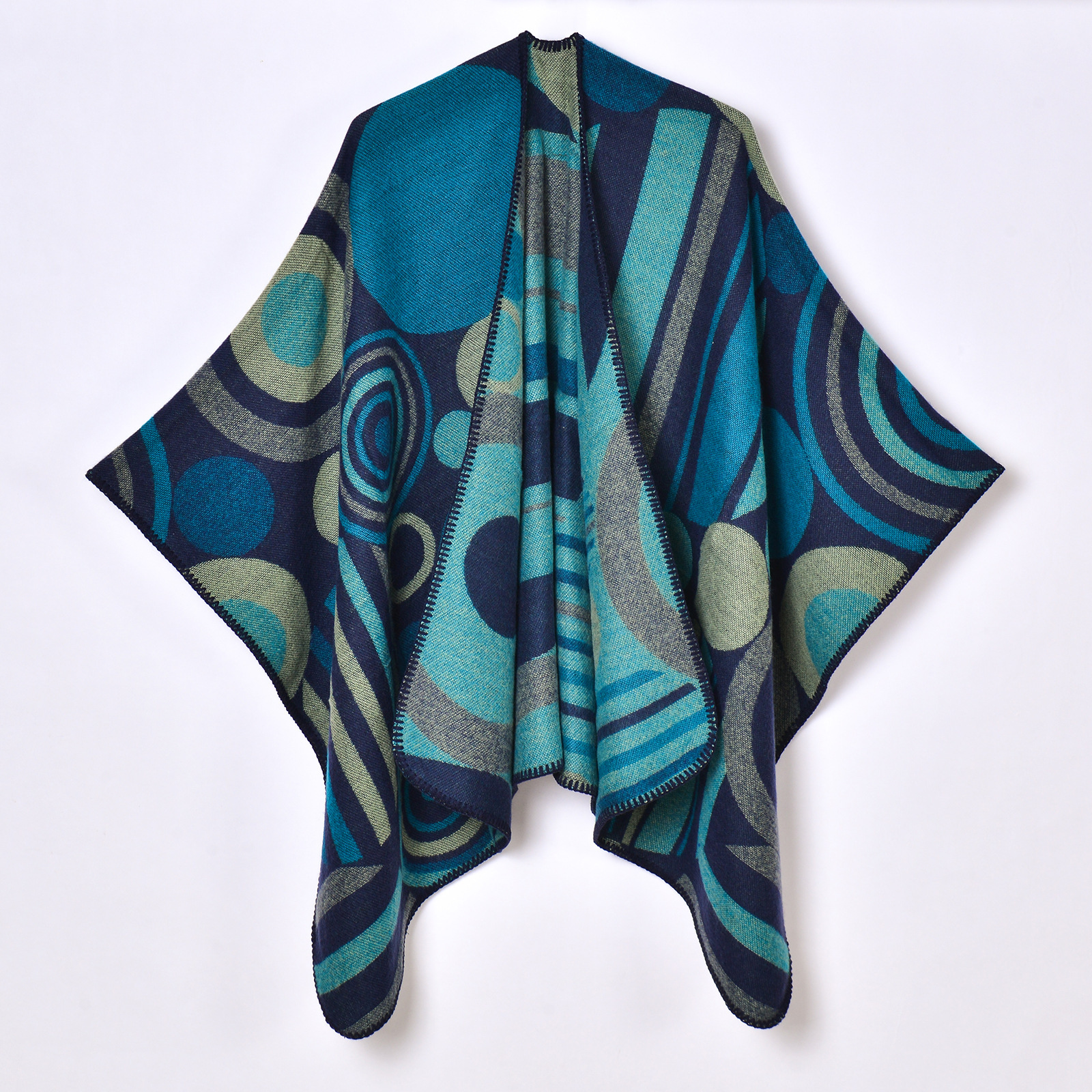 New Geometric Abstract Line Patchwork Womens Autumn Winter Warm Split Shawl Cape Outerwear Decorative Scarf