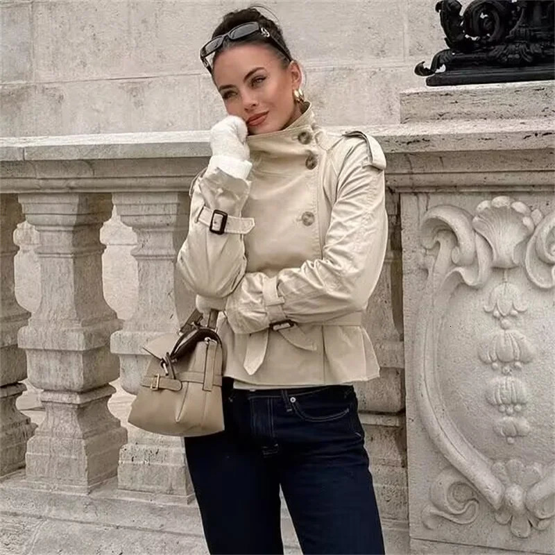 Womens Trench Coat for Autumn Solid Color Long Sleeve Doublebreasted with Waist Tie Short Trench Coat Jacket British 251024