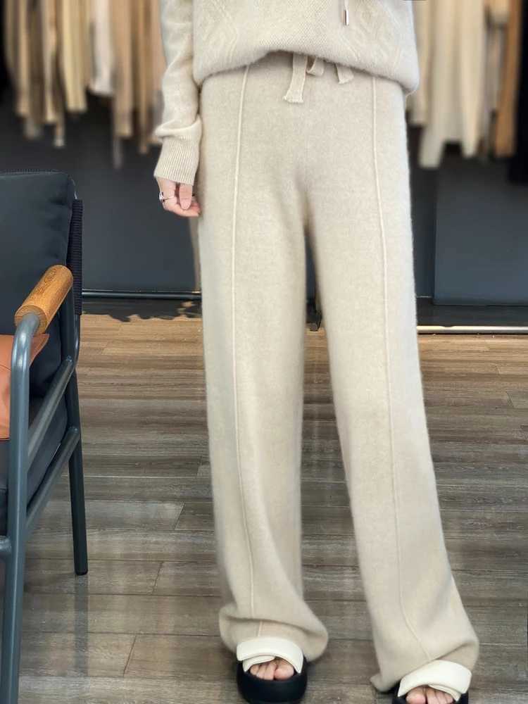 Office Women Straight Pants Autumn Winter 100 Merino Wool Pants Knit Warm Trousers Lace Up Elastic Female Casual Wide Leg PantsT251025